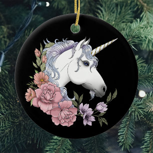 Betoverde Witte Eenhoorn Bloemen Roze Zwart Keramisch Ornament