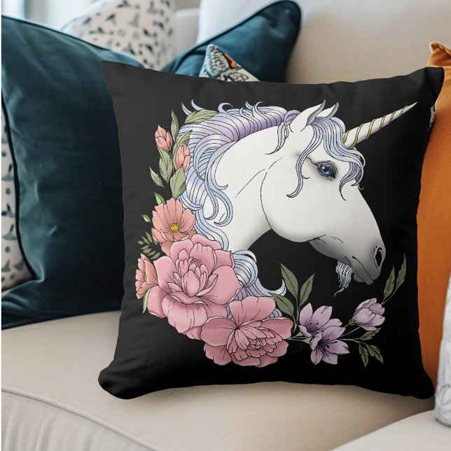 Betoverde Witte Eenhoorn Bloemen Roze Zwart Kussen (Creator heeft geüpload)