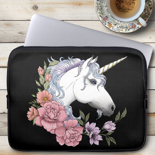 Betoverde Witte Eenhoorn Bloemen Roze Zwart Laptop Sleeve