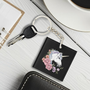 Betoverde Witte Eenhoorn Bloemen Roze Zwart Sleutelhanger