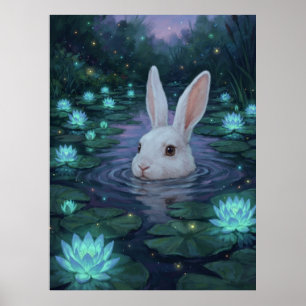 Betoverde Witte Konijn Waterlelie Vijver Magische Poster
