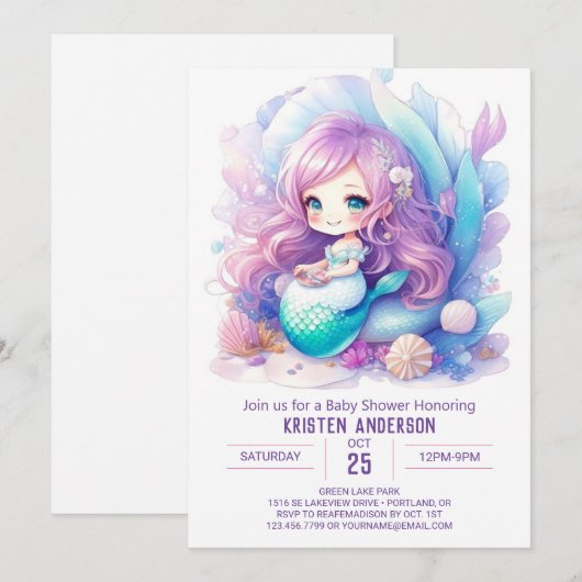 Betoverde Zeemeermin Waters Baby shower Uitnodigin Kaart (Voorkant / Achterkant)