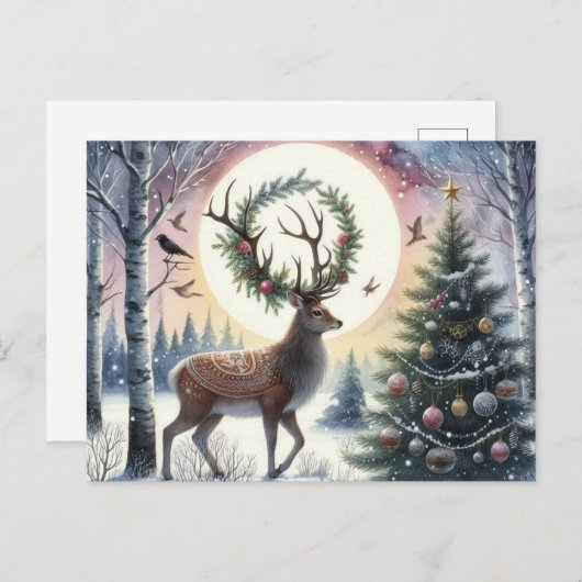 Betoverde Zonnewende Hert in de Sneeuw Ansichtkaar Feestdagenkaart (Voorkant / Achterkant)