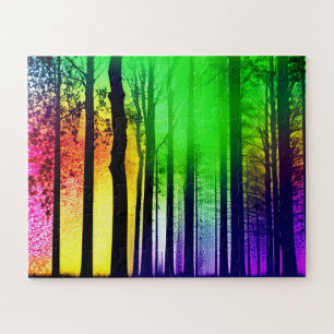 Betoverde zwarte boom silhouetten in regenboogbos legpuzzel