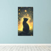 Betoverde Zwarte Kat Met Vuurvliegjes Kunstwerk Canvas Afdruk (Insitu (Houten vloer))