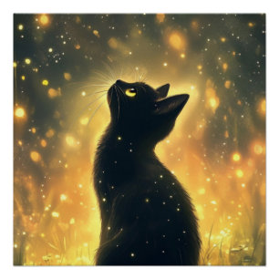 Betoverde Zwarte Kat Met Vuurvliegjes Kunstwerk Perfect Poster
