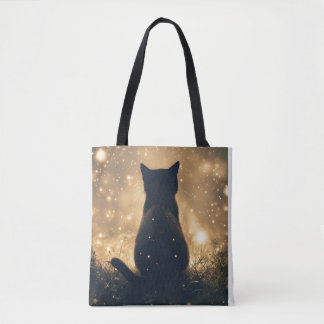 Betoverde Zwarte Kat Met Vuurvliegjes Kunstwerk Tote Bag