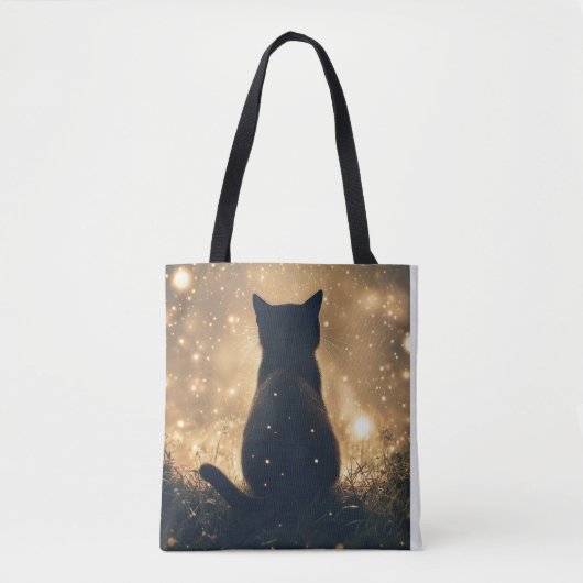 Betoverde Zwarte Kat Met Vuurvliegjes Kunstwerk Tote Bag (Voorkant)