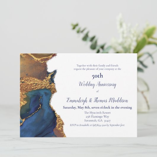 Betoverend Abstract Blauw Goud Bruiloft Jubileum Kaart (Staand voorkant)