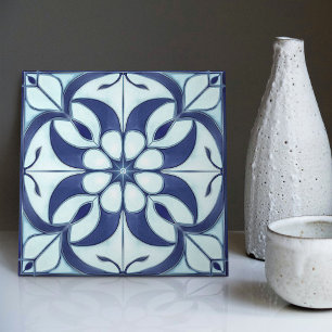 Betoverend blauw en wit symmetrisch bloemmotief tegeltje