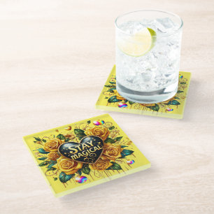 Betoverend boeket van gouden Rozen en hart Glazen Onderzetter