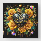 Betoverend boeket van gouden Rozen en hart Vierkante Klok (Voorkant)