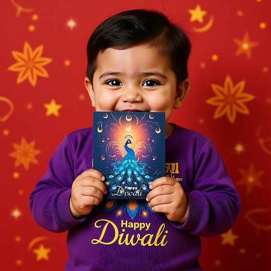 Betoverend Diwali Delight met blauwe Peacock🦚 Feestdagenkaart