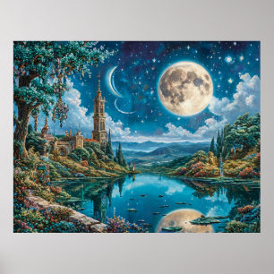 Betoverend Fantasielandschap met Maanverlicht Kast Poster