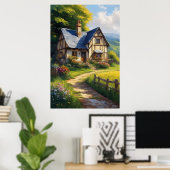 Betoverend huisje te midden van prachtige bloemen poster (Thuiskantoor)