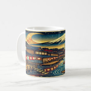 Betoverend Japans dorp onder maanlicht Fuji Koffiemok