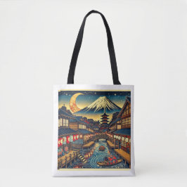 Betoverend Japans dorp onder maanlicht Fuji Tote Bag