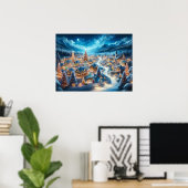 Betoverend Kerstmisdorp 's Nachts Poster (Thuiskantoor)