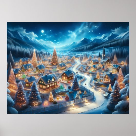 Betoverend Kerstmisdorp 's Nachts Poster (Voorkant)