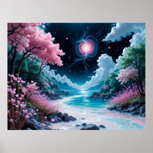 Betoverend Landschap Met Roze Kersenbloesems Poster
