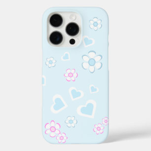 Betoverend lichtblauwe en roze bloemen en harten iPhone 16 pro hoesje