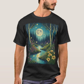 Betoverend maanverlicht bos met dansende vuurvlieg t-shirt