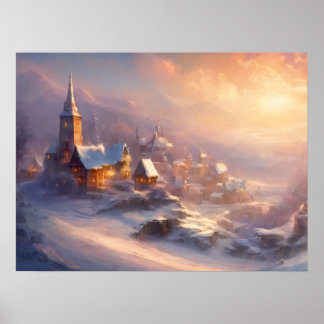 Betoverend met sneeuw bedekt dorp poster