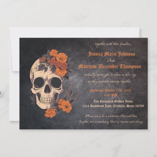 Betoverend Oranje boeket op Cream Skull Wedding Kaart (Voorkant)
