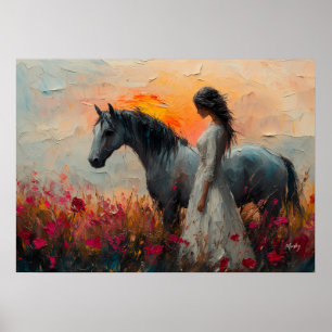 Betoverend Paard en Vrouw in een Levendige Zonsond Poster