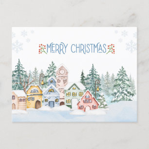 Betoverend Sneeuwdorps Watercolor Kerstmis Briefkaart