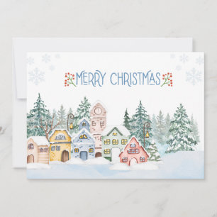 Betoverend Sneeuwdorps Watercolor Kerstmis Feestdagenkaart