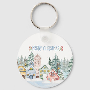 Betoverend Sneeuwdorps Watercolor Kerstmis  Sleutelhanger