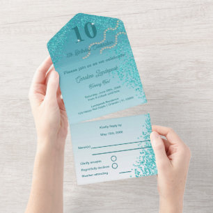 Betoverende 10e verjaardag Turquoise Blauwe Glitte All In One Uitnodiging