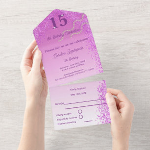 Betoverende 15e verjaardag Roze Glitter Elke lee All In One Uitnodiging