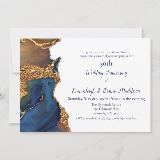 Betoverende Abstracte Blauwe Gouden Huwelijksjubil Kaart (Voorkant)