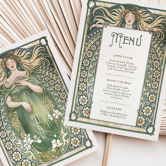 Betoverende Art Nouveau Bloemen Trouwmenu Kaart