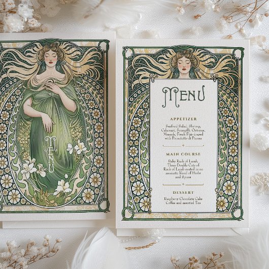 Betoverende Art Nouveau Bloemen Trouwmenu Kaart