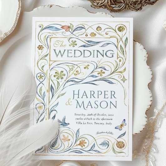 Betoverende Art Nouveau Floral & Fauna bruiloft Kaart