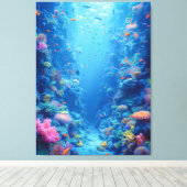 Betoverende blauwe diepten en koraaltinten canvas afdruk (Insitu (Houten vloer))