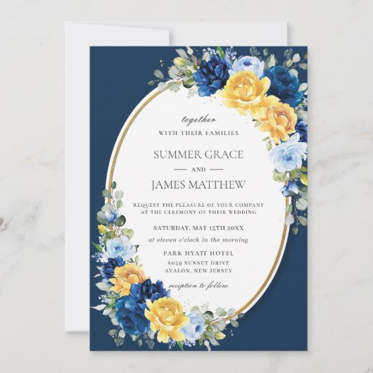 Betoverende blauwe en gele bloemenbruiloft kaart (Voorkant)