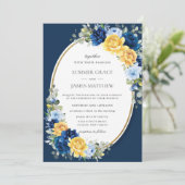 Betoverende blauwe en gele bloemenbruiloft kaart (Staand voorkant)