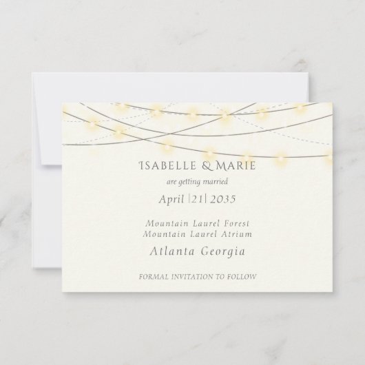 Betoverende bos bruiloft lichten paddestoelen jong save the date (Achterkant)