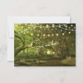 Betoverende bos bruiloft lichten paddestoelen Ree Save The Date