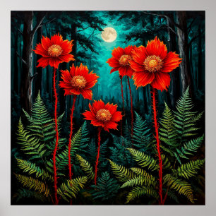 Betoverende Bos Scene Levendige Rode Bloemen Poster