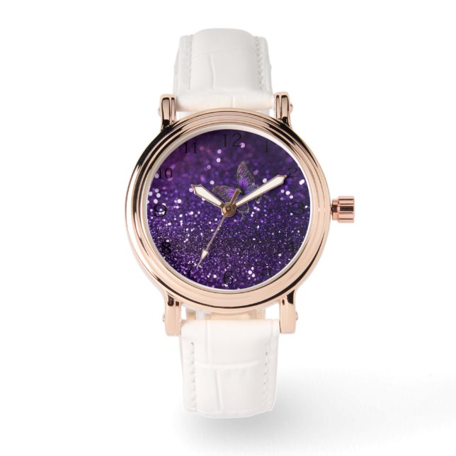 Betoverende elegantie: de Paarse Sparkle Butterfly Horloge (Voorkant)
