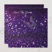 Betoverende elegantie: de Paarse Sparkle Butterfly Save The Date (Voorkant / Achterkant)