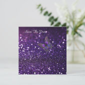 Betoverende elegantie: de Paarse Sparkle Butterfly Save The Date (Staand voorkant)