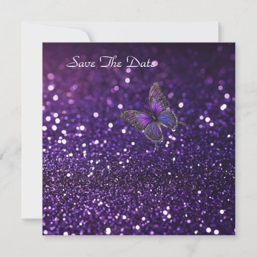 Betoverende elegantie: de Paarse Sparkle Butterfly Save The Date (Voorkant)
