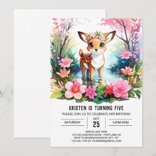 Betoverende Fawn Waterverf Woodland Meisje Verjaar Kaart (Voorkant / Achterkant)