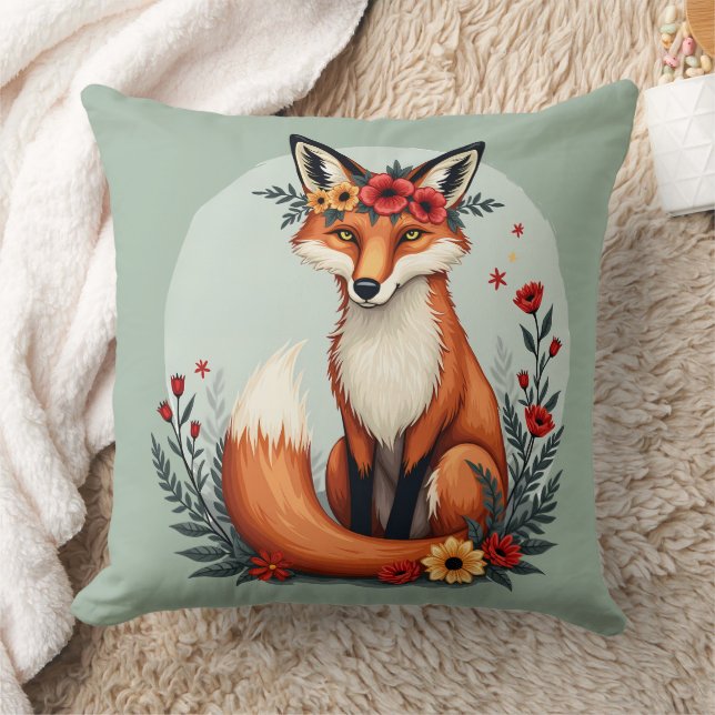Betoverende Floral Fox Woodland Folk Art Kussen (Deken)